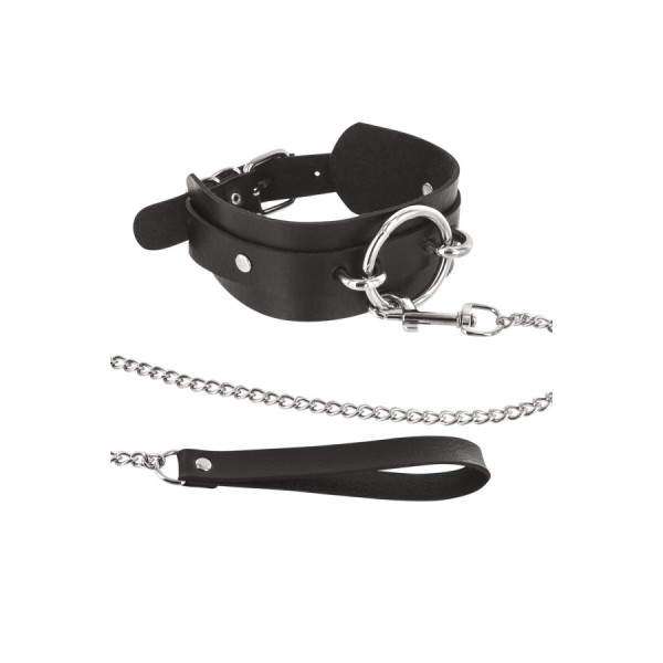 Collier fétichiste large anneau métal et laisse 